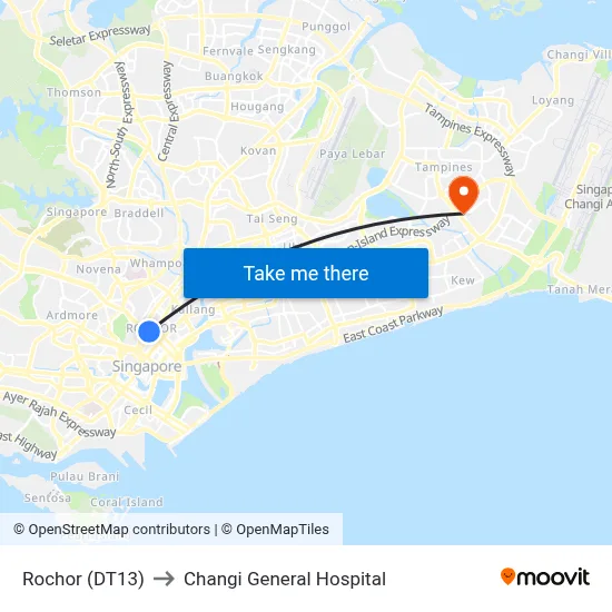 Rochor (DT13) to Changi General Hospital map