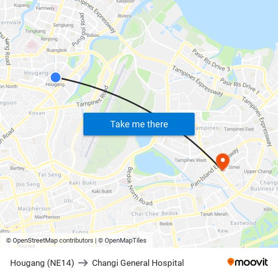 Hougang (NE14) to Changi General Hospital map