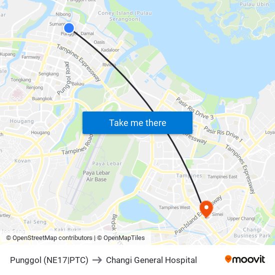 Punggol (NE17|PTC) to Changi General Hospital map