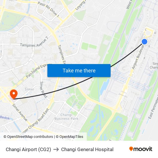 Changi Airport (CG2) to Changi General Hospital map