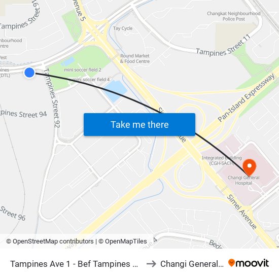 Tampines Ave 1 - Bef Tampines West Stn (75059) to Changi General Hospital map