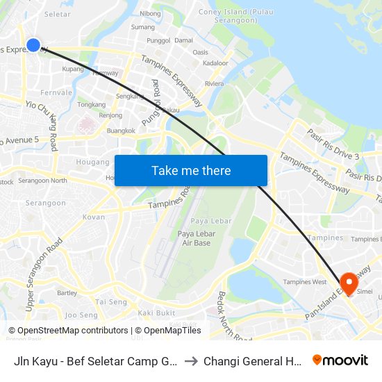 Jln Kayu - Bef Seletar Camp G (68111) to Changi General Hospital map