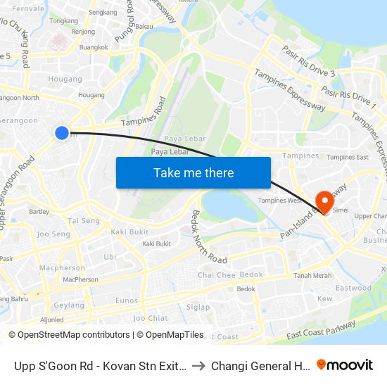Upp S'Goon Rd - Kovan Stn Exit C (63039) to Changi General Hospital map