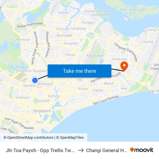 Jln Toa Payoh - Opp Trellis Twrs (52079) to Changi General Hospital map