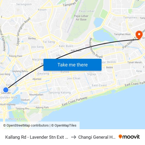 Kallang Rd - Lavender Stn Exit B (01311) to Changi General Hospital map