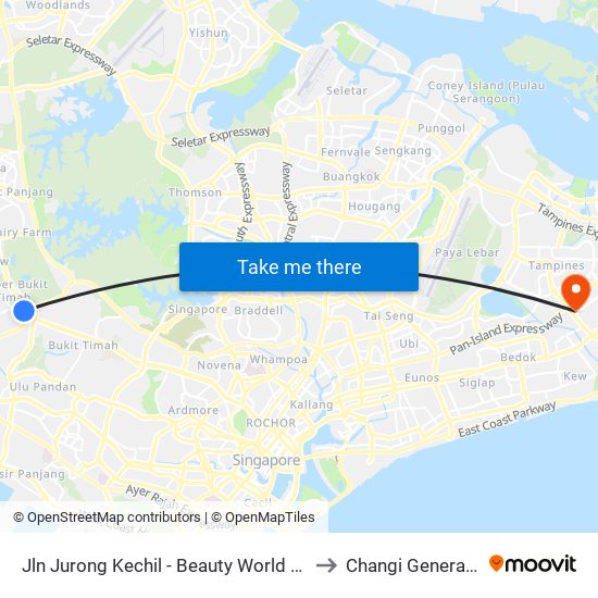 Jln Jurong Kechil - Beauty World Stn Exit C (42151) to Changi General Hospital map