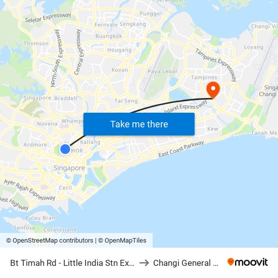 Bt Timah Rd - Little India Stn Exit A (40011) to Changi General Hospital map