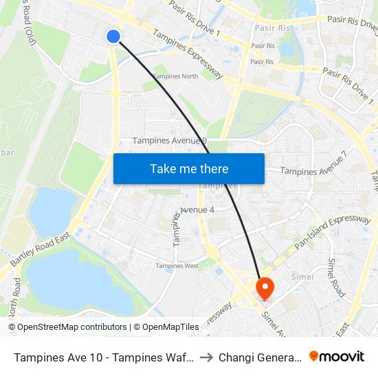 Tampines Ave 10 - Tampines Wafer Fab Pk (75351) to Changi General Hospital map