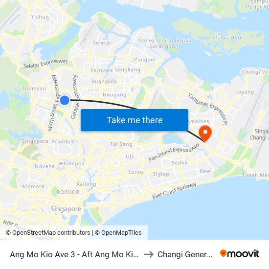 Ang Mo Kio Ave 3 - Aft Ang Mo Kio Stn Exit A (54261) to Changi General Hospital map