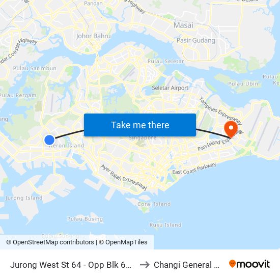 Jurong West St 64 - Opp Blk 662c (22499) to Changi General Hospital map