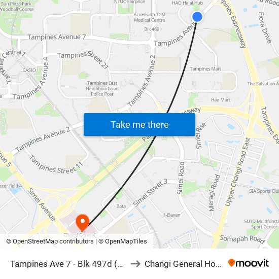 Tampines Ave 7 - Blk 497d (76241) to Changi General Hospital map