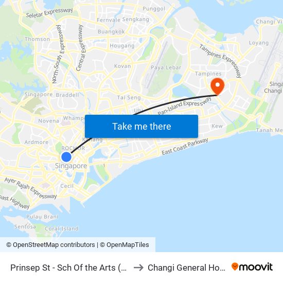 Prinsep St - Sch Of the Arts (08079) to Changi General Hospital map