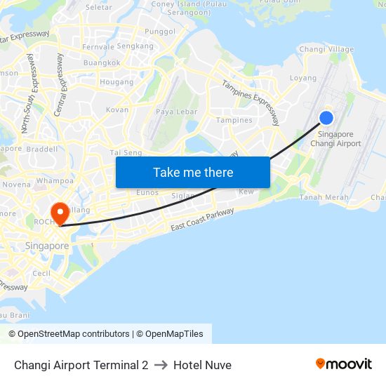 Changi Airport Terminal 2 to Hotel Nuve map