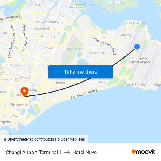 Changi Airport Terminal 1 to Hotel Nuve map