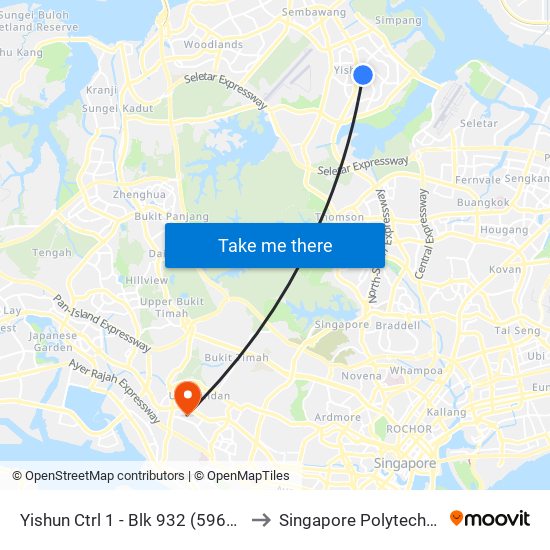 Yishun Ctrl 1 - Blk 932 (59661) to Singapore Polytechnic map