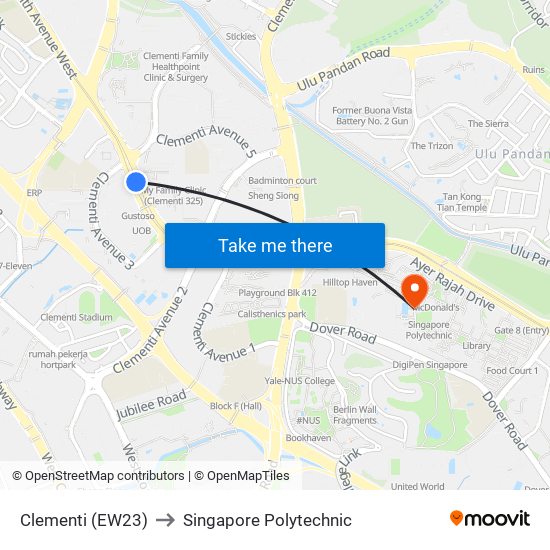 Clementi (EW23) to Singapore Polytechnic map