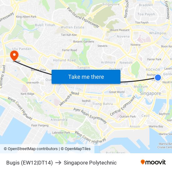 Bugis (EW12|DT14) to Singapore Polytechnic map