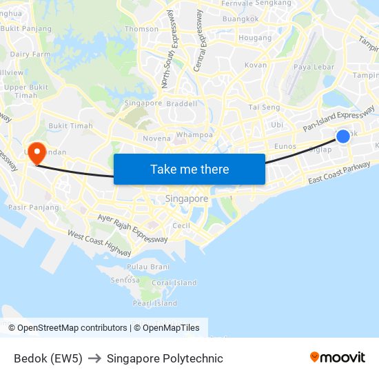 Bedok (EW5) to Singapore Polytechnic map