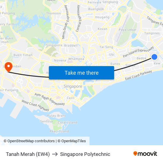 Tanah Merah (EW4) to Singapore Polytechnic map