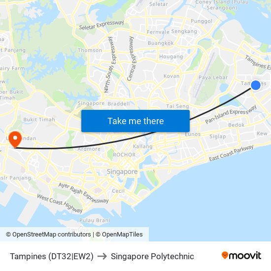 Tampines (DT32|EW2) to Singapore Polytechnic map