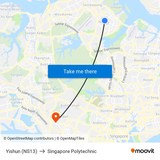 Yishun (NS13) to Singapore Polytechnic map