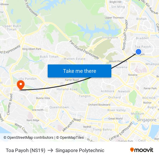 Toa Payoh (NS19) to Singapore Polytechnic map