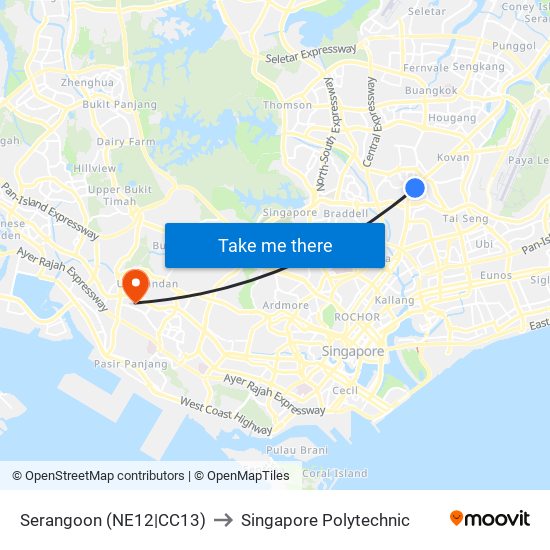 Serangoon (NE12|CC13) to Singapore Polytechnic map