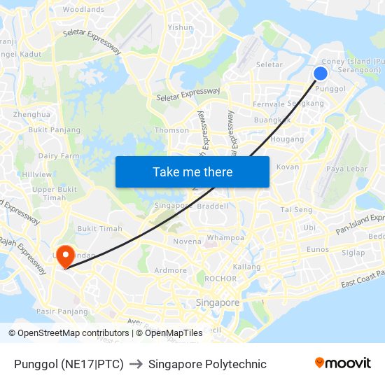 Punggol (NE17|PTC) to Singapore Polytechnic map