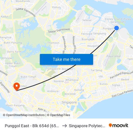 Punggol East - Blk 654d (65569) to Singapore Polytechnic map