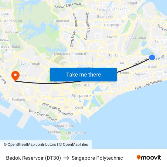 Bedok Reservoir (DT30) to Singapore Polytechnic map