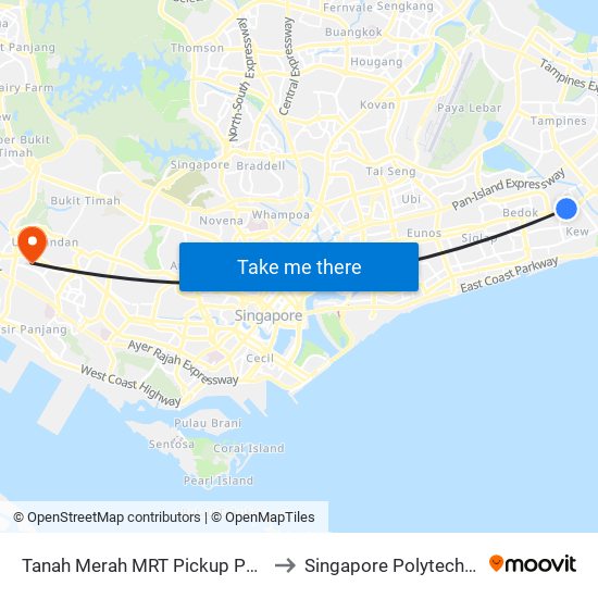 Tanah Merah MRT Pickup Point to Singapore Polytechnic map