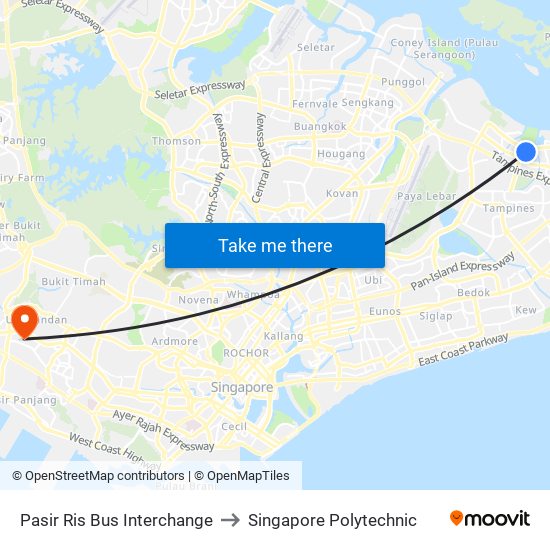 Pasir Ris Bus Interchange to Singapore Polytechnic map