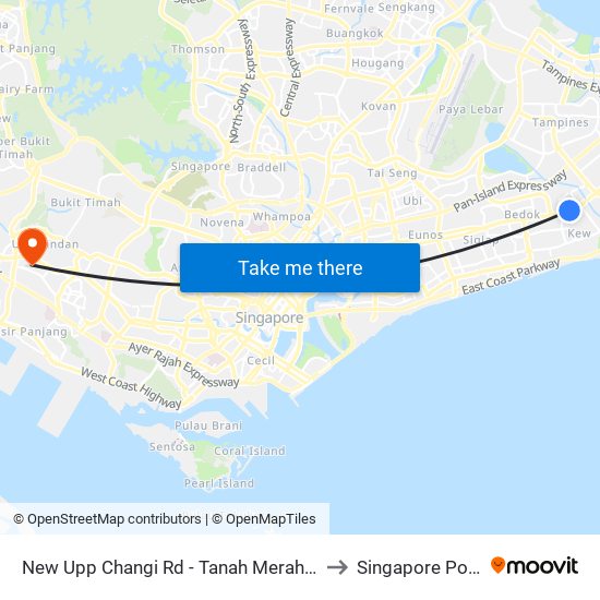 New Upp Changi Rd - Tanah Merah Stn Exit A (85099) to Singapore Polytechnic map