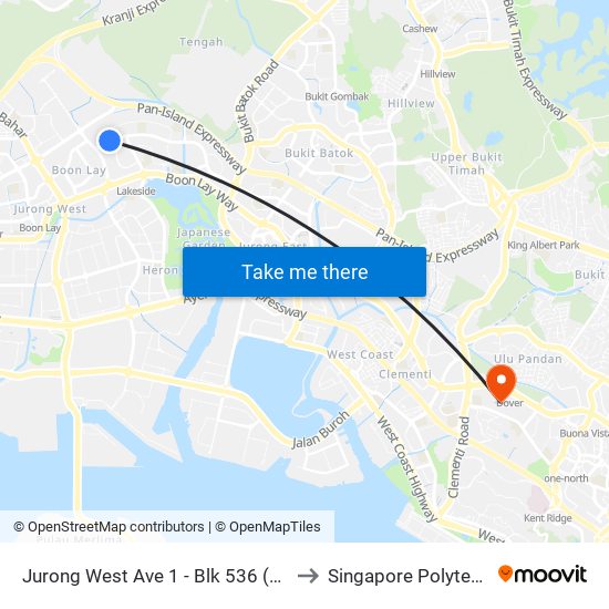 Jurong West Ave 1 - Blk 536 (28531) to Singapore Polytechnic map