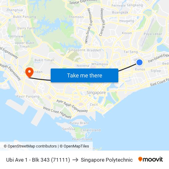 Ubi Ave 1 - Blk 343 (71111) to Singapore Polytechnic map