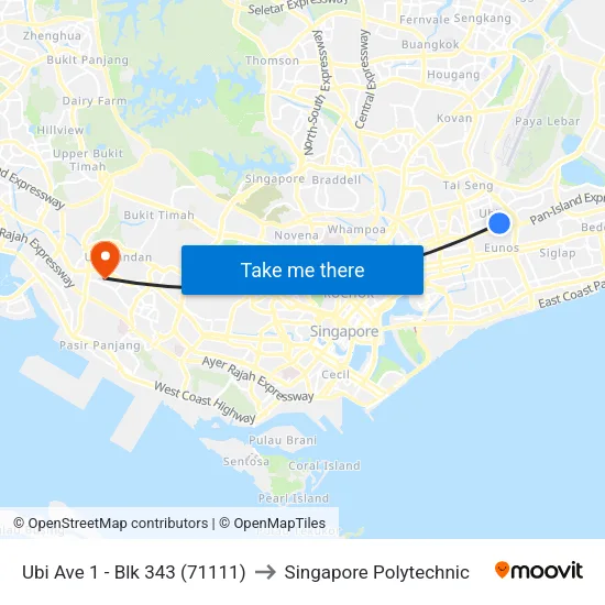 Ubi Ave 1 - Blk 343 (71111) to Singapore Polytechnic map