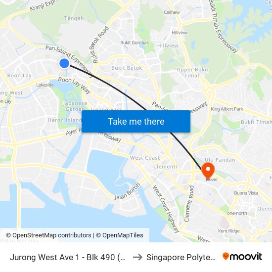 Jurong West Ave 1 - Blk 490 (28501) to Singapore Polytechnic map