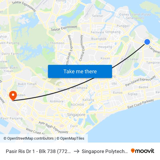Pasir Ris Dr 1 - Blk 738 (77289) to Singapore Polytechnic map
