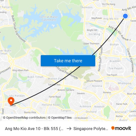 Ang Mo Kio Ave 10 - Blk 555 (54589) to Singapore Polytechnic map