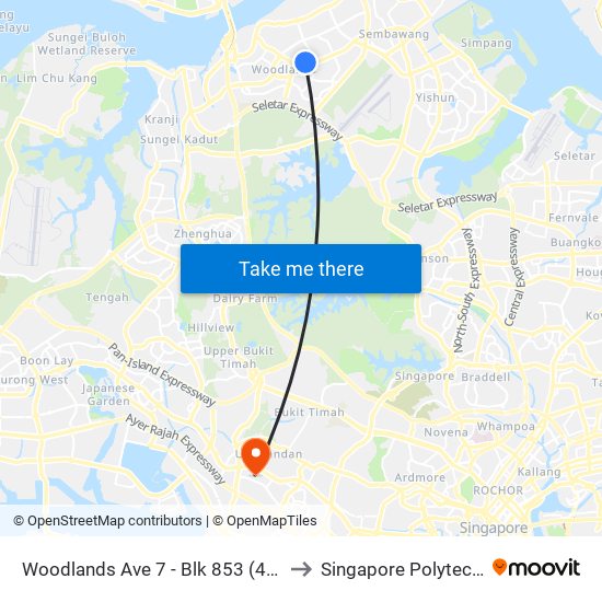 Woodlands Ave 7 - Blk 853 (46391) to Singapore Polytechnic map