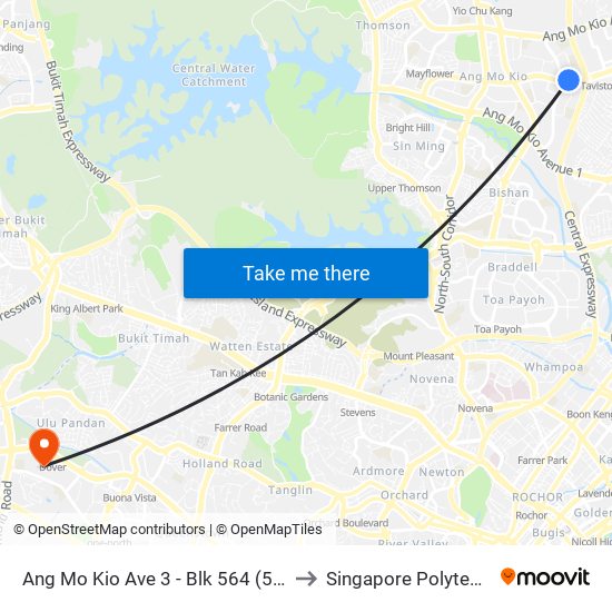 Ang Mo Kio Ave 3 - Blk 564 (54291) to Singapore Polytechnic map