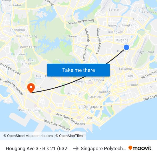 Hougang Ave 3 - Blk 21 (63241) to Singapore Polytechnic map