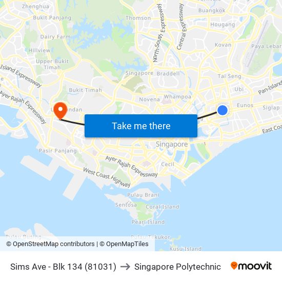 Sims Ave - Blk 134 (81031) to Singapore Polytechnic map