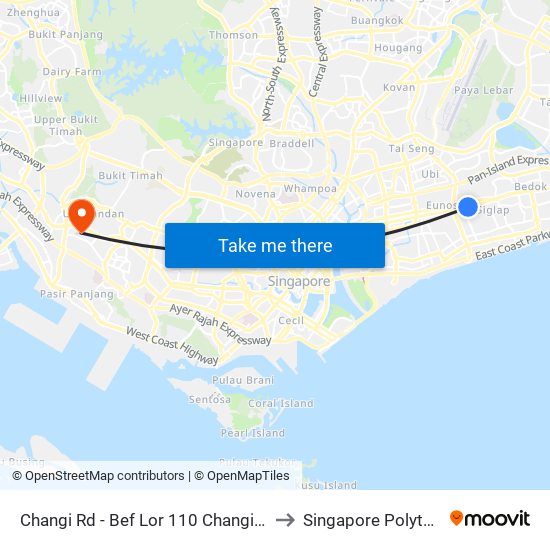 Changi Rd - Bef Lor 110 Changi (83049) to Singapore Polytechnic map