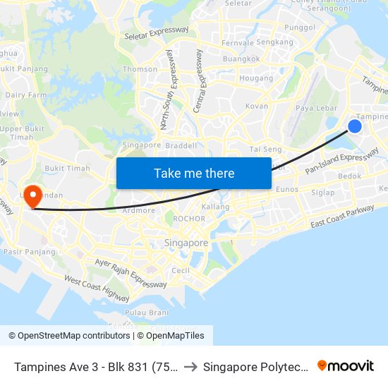 Tampines Ave 3 - Blk 831 (75081) to Singapore Polytechnic map