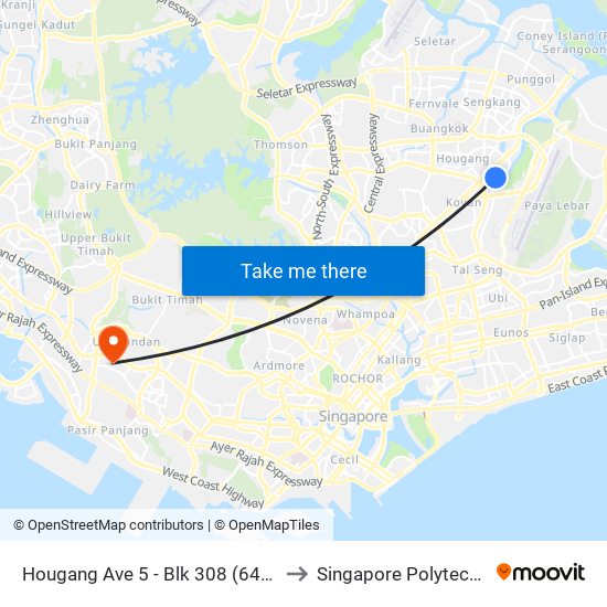 Hougang Ave 5 - Blk 308 (64241) to Singapore Polytechnic map