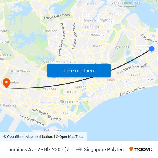Tampines Ave 7 - Blk 230e (76219) to Singapore Polytechnic map