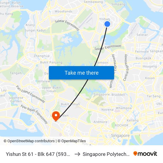 Yishun St 61 - Blk 647 (59369) to Singapore Polytechnic map