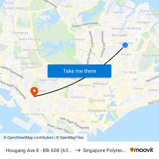 Hougang Ave 8 - Blk 608 (63379) to Singapore Polytechnic map