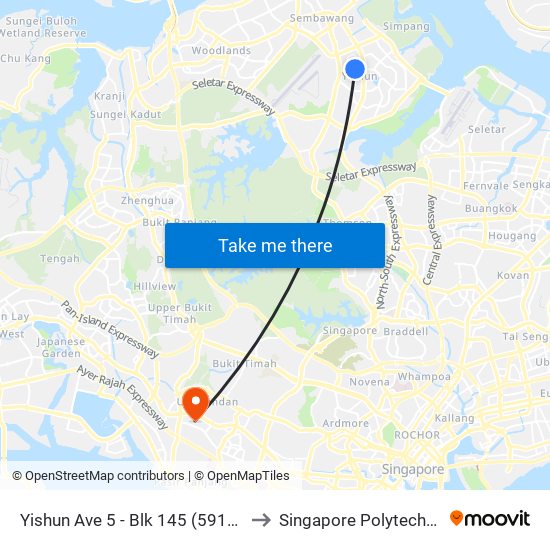 Yishun Ave 5 - Blk 145 (59149) to Singapore Polytechnic map